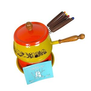 Vintage JCPenney 70s Fondue Set Mushroom Enamel Yellow Orange Japan MCM Retro